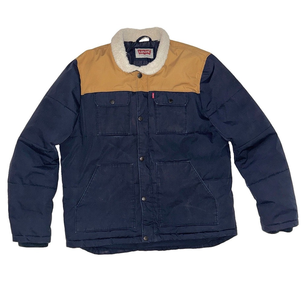 Levis Mens XL Puffer Jacket Navy Brown Sherpa Collar Quilted Insulated Coat
